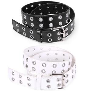 3365 Double Grommet Belt For Women Men Pu Leather Vintage Punk Rock Jeans